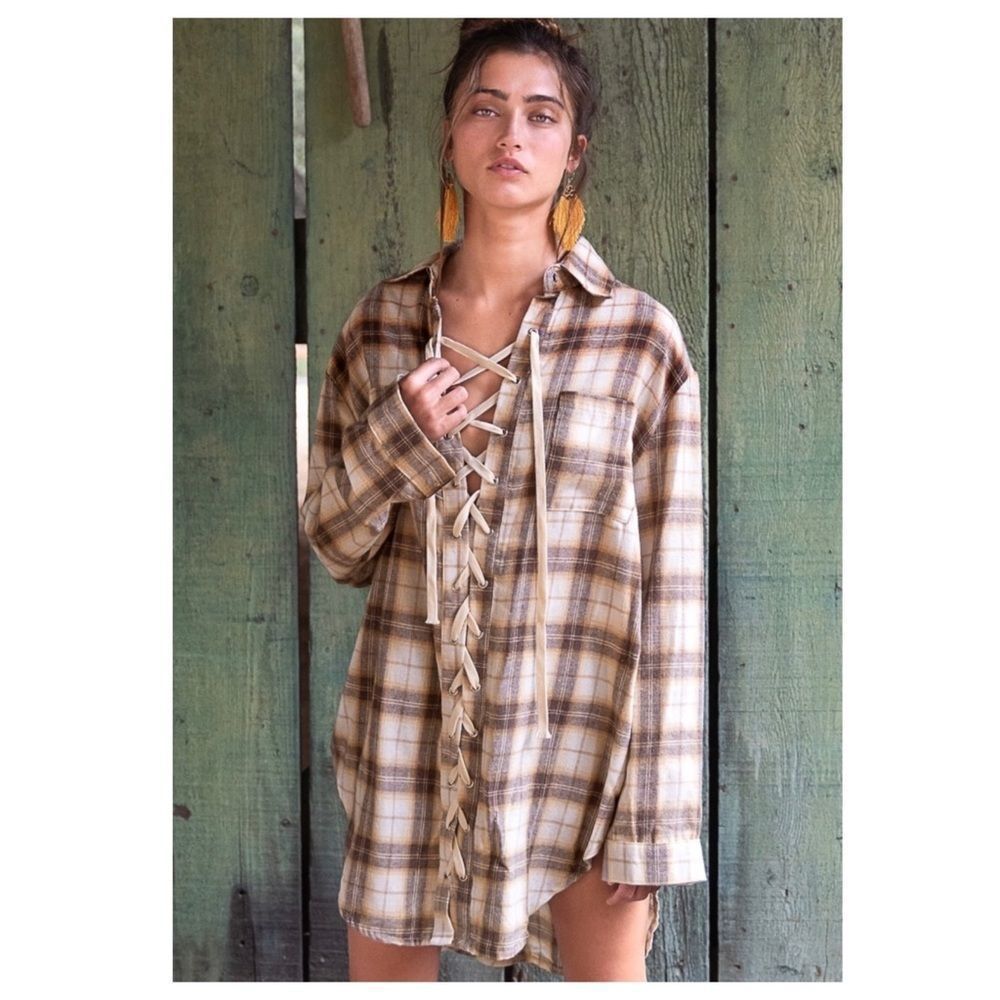 𝅺pol Boho Brown multi Lace Up Front Shirt - Picture 8 of 16
